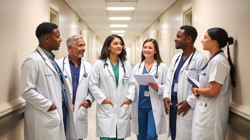 Diverse healthcare team collaborating during patient rounds in contemporary hospital corridor, engaged discussion, professional attire