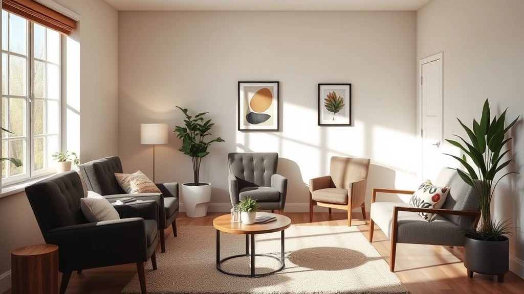 Mental health counselor session room with comfortable seating, calming natural light, therapeutic environment, professional setting