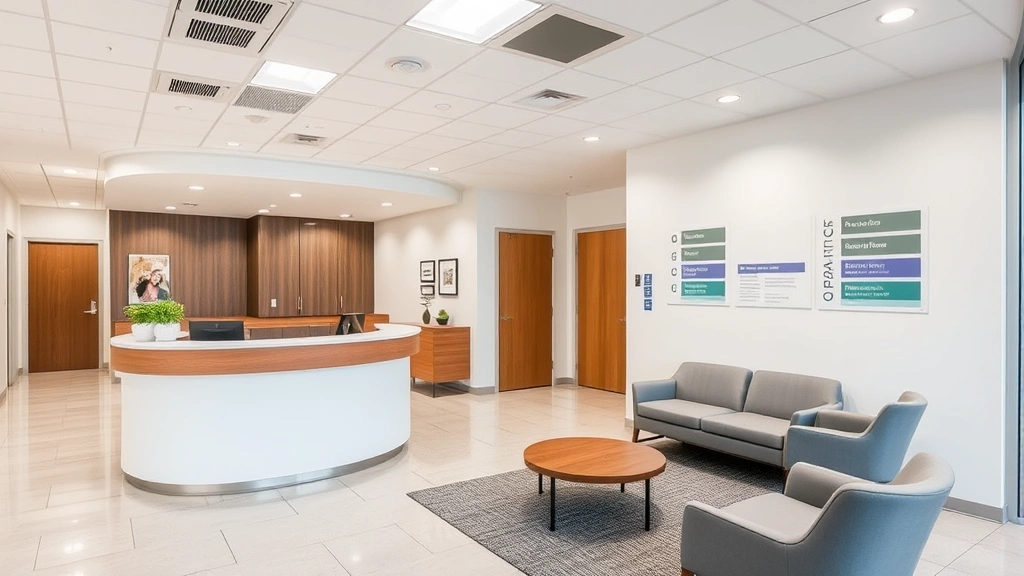 Modern healthcare reception area with welcoming desk, comfortable seating, and clear wayfinding signage in a bright, clean medical facility