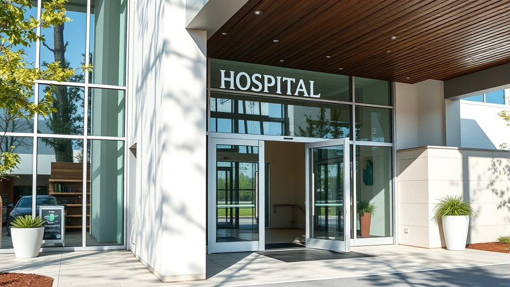 Modern hospital entrance with glass doors and contemporary architecture, clean professional setting, daytime natural lighting, welcoming medical facility exterior