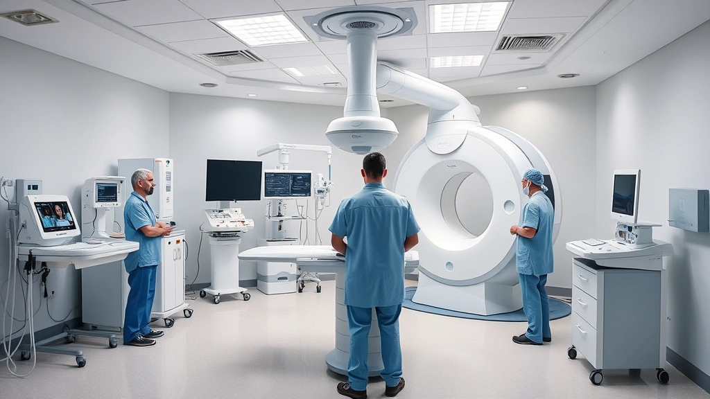 State-of-the-art diagnostic imaging room with advanced medical equipment, clinical staff in professional attire, sterile environment