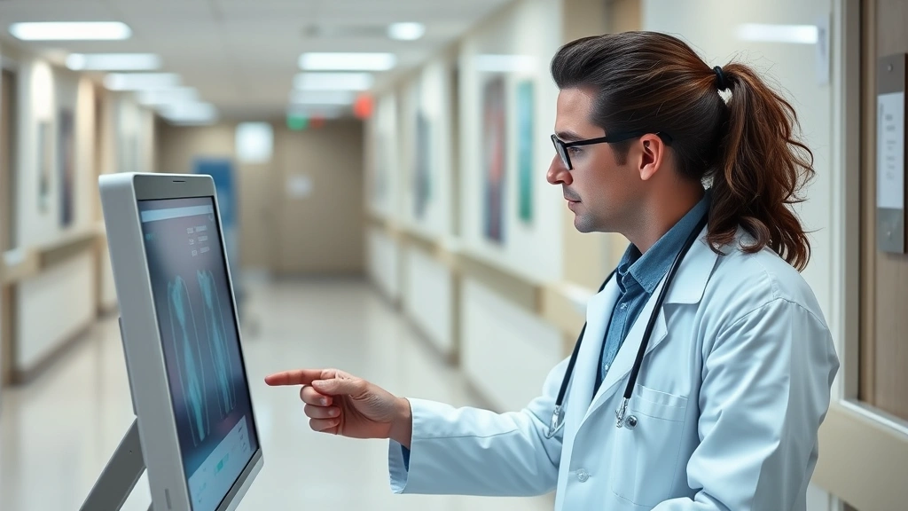 Medical professional in white coat reviewing patient chart at digital workstation, hospital hallway background, focused clinical environment, contemporary healthcare technology