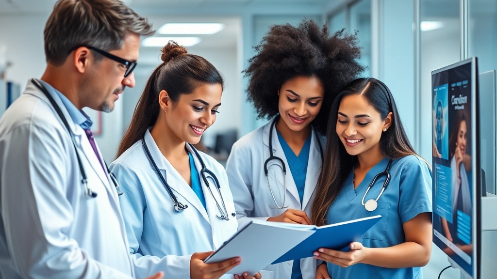 Diverse healthcare professionals including doctors and nurses in clinical setting, reviewing patient information and collaborating on care