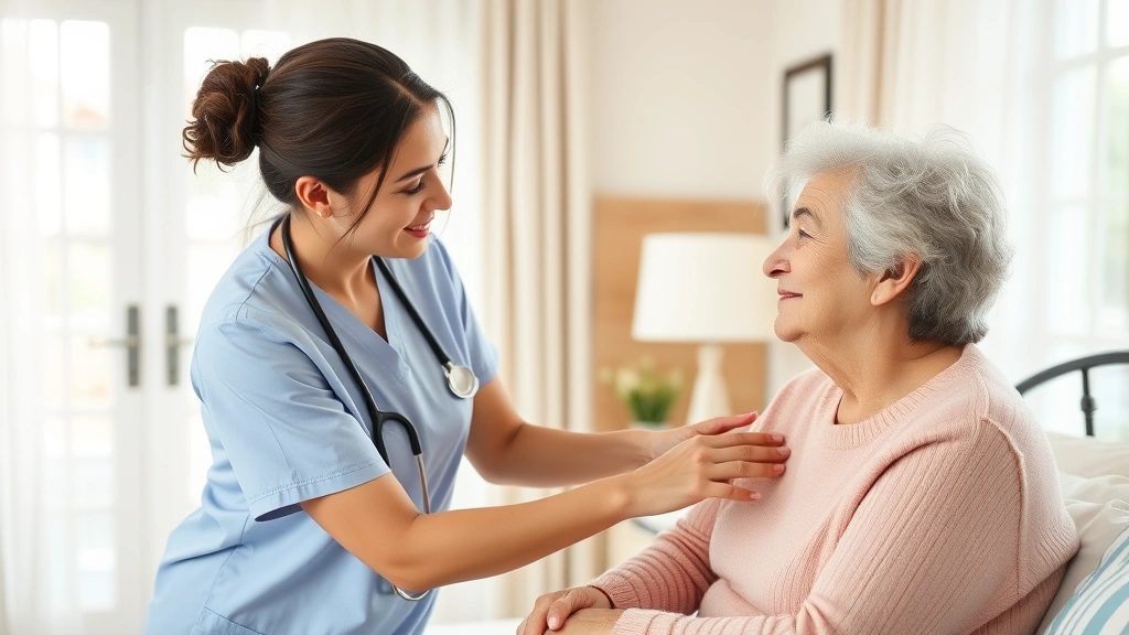 Caregiver assisting elderly woman with morning routine in bright, clean bedroom, showing gentle support and professional care interaction