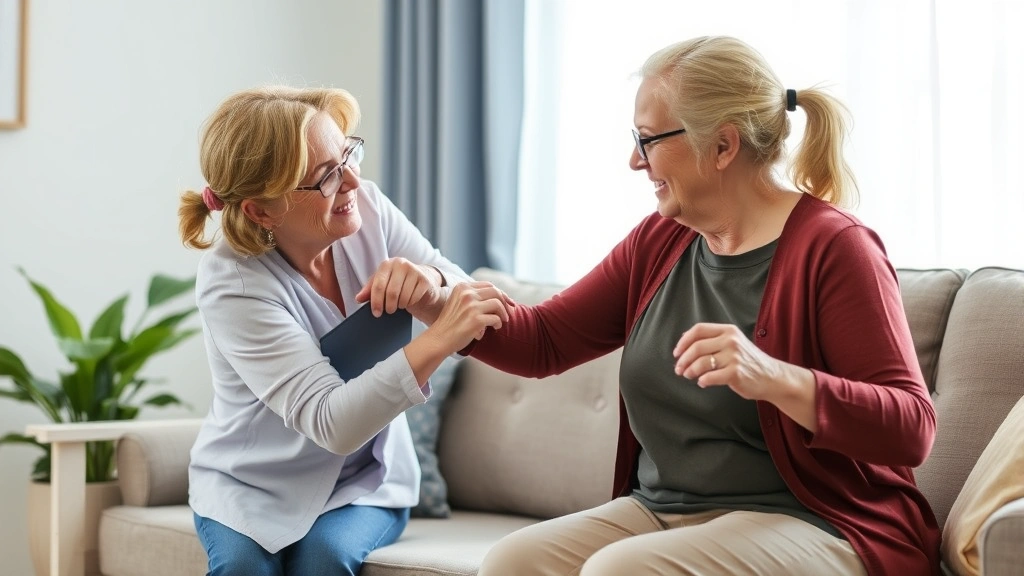 Home health aide helping senior client with mobility assistance near couch, demonstrating proper body mechanics and compassionate support