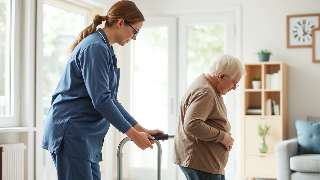 A caregiver helping an elderly person with mobility, showing proper body mechanics and safety techniques in a home environment with natural lighting