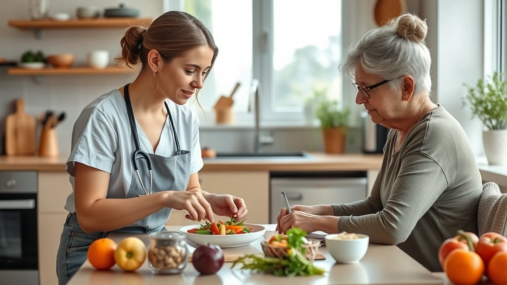 Caregiver preparing nutritious meal in modern kitchen while client sits nearby, showing meal preparation and nutritional care