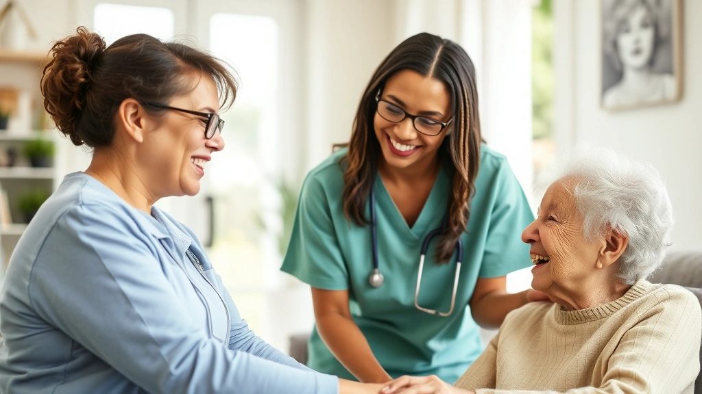 Diverse healthcare worker smiling while assisting elderly patient with daily activities in bright, comfortable home setting with natural lighting