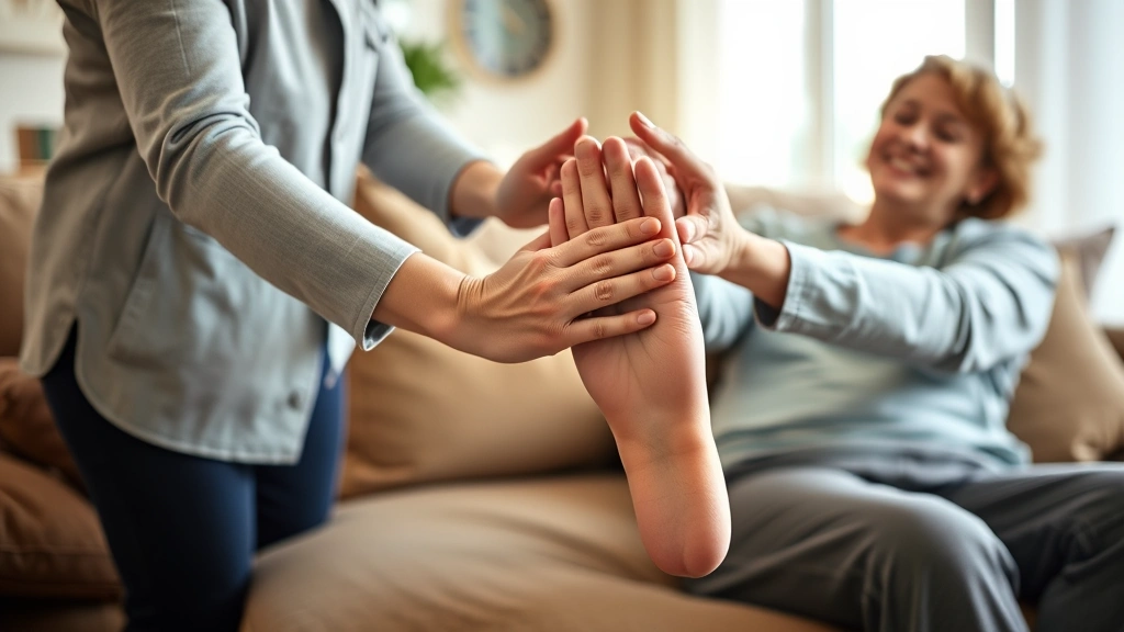 Close-up of caregiver's hands helping patient with mobility exercises on comfortable couch in warm, welcoming living room environment