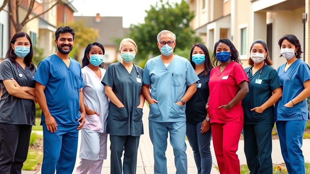 Group of diverse home health care professionals in scrubs standing together outdoors, showing teamwork and professionalism in residential neighborhood