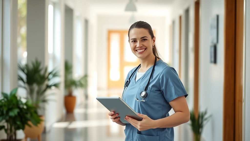 Friendly healthcare professional in scrubs holding a tablet, smiling while standing in a bright residential hallway with natural light streaming through windows, warm and welcoming atmosphere