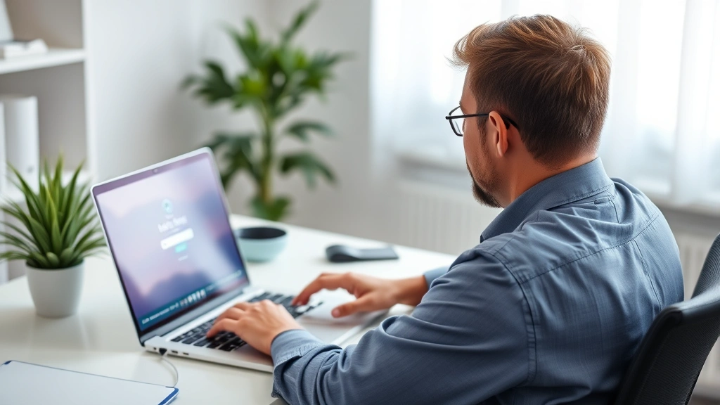 Person sitting at desk using laptop with secure login interface displayed on screen, professional healthcare setting, soft lighting, focused expression