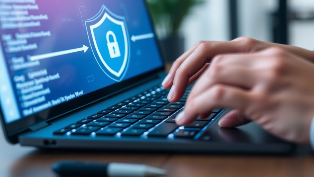 Hands typing password on keyboard with shield icon and lock symbol visible, cybersecurity concept, close-up shot, modern desk environment