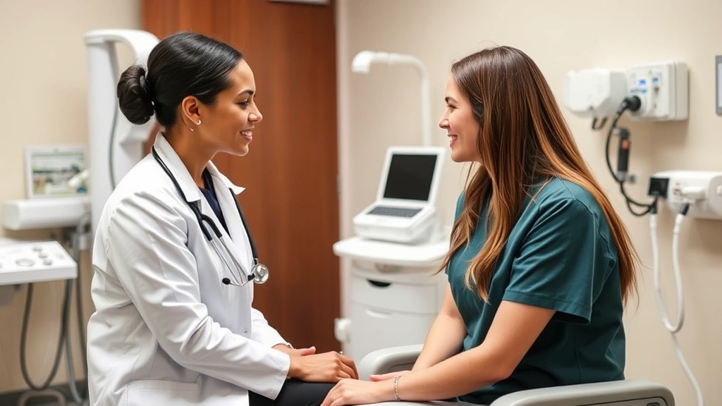 Nurse practitioner performing patient consultation in a clinical exam room with modern medical equipment and warm, professional atmosphere