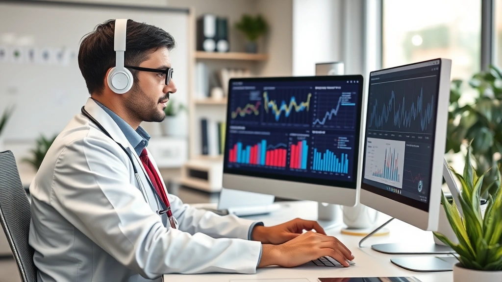 Health administrator working at computer in organized office space with healthcare analytics displayed on multiple monitors, focused professional environment