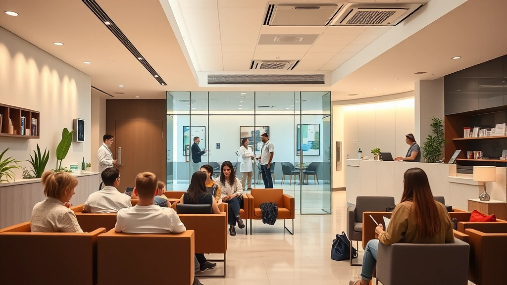 Modern healthcare clinic reception area with welcoming interior, comfortable seating, warm lighting, diverse patients in waiting room, professional medical staff at desk