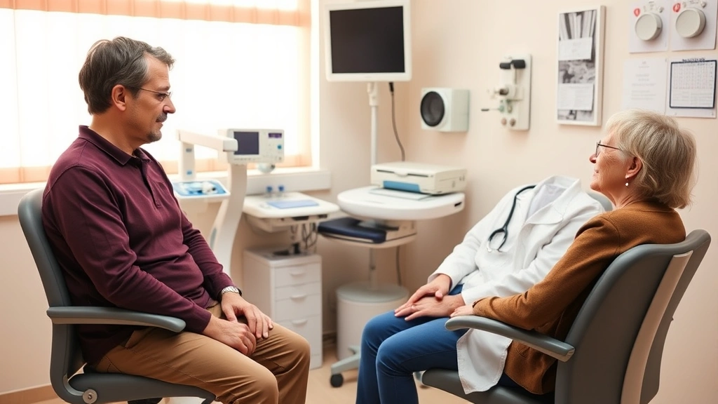 Family physician consulting with patient in examination room, warm lighting, stethoscope visible, patient seated comfortably, professional clinical environment with medical equipment