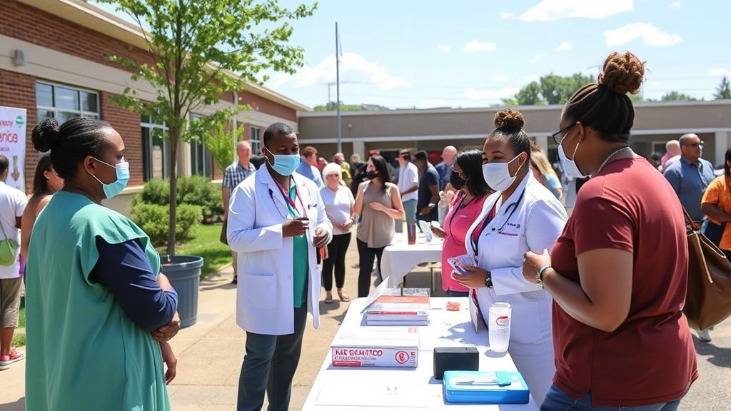 Community health outreach event outdoors, healthcare professionals speaking with residents, vaccination booths, people of various ages and backgrounds, sunny day, community center background
