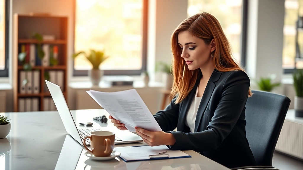Professional woman reviewing health insurance documents at modern desk with laptop and coffee, natural lighting through windows, warm contemporary office setting