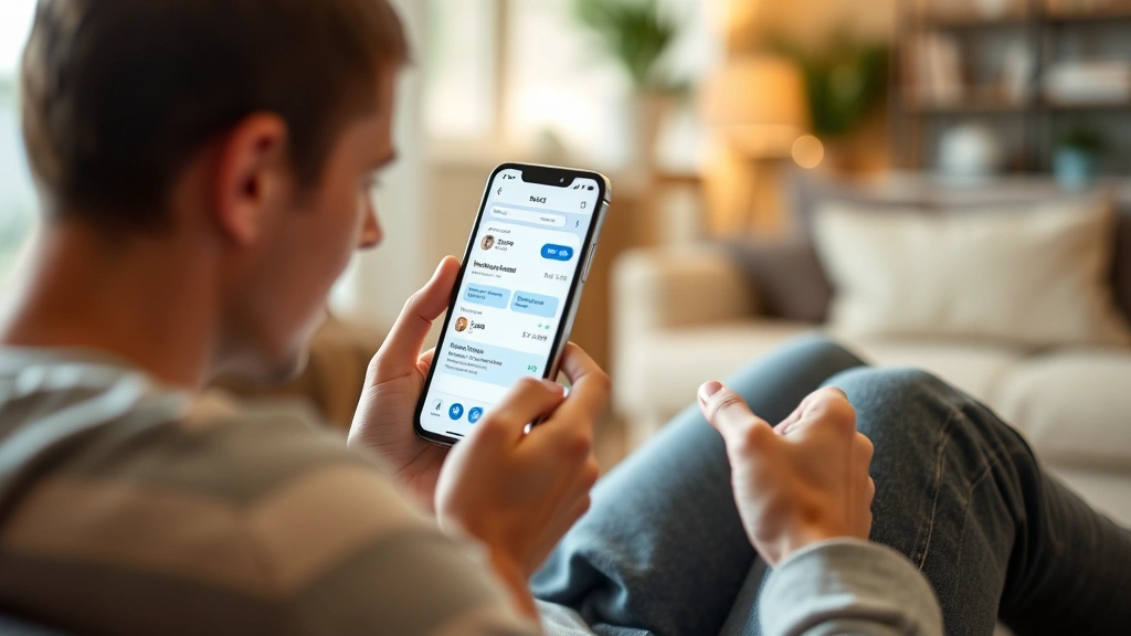 Person using smartphone to access health insurance app showing claims and provider information, sitting in comfortable home environment with warm lighting