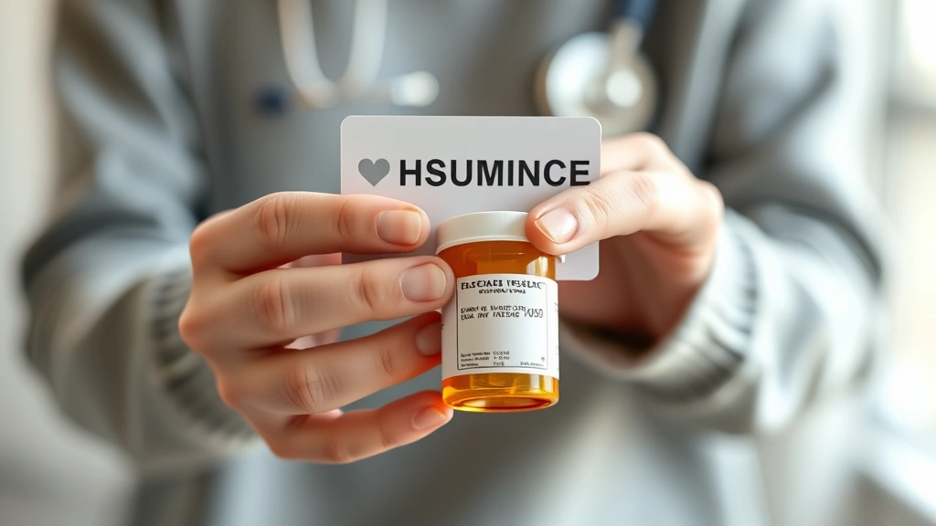 Close-up of hands holding health insurance card and prescription medication bottle, soft focus background, healthcare concept composition