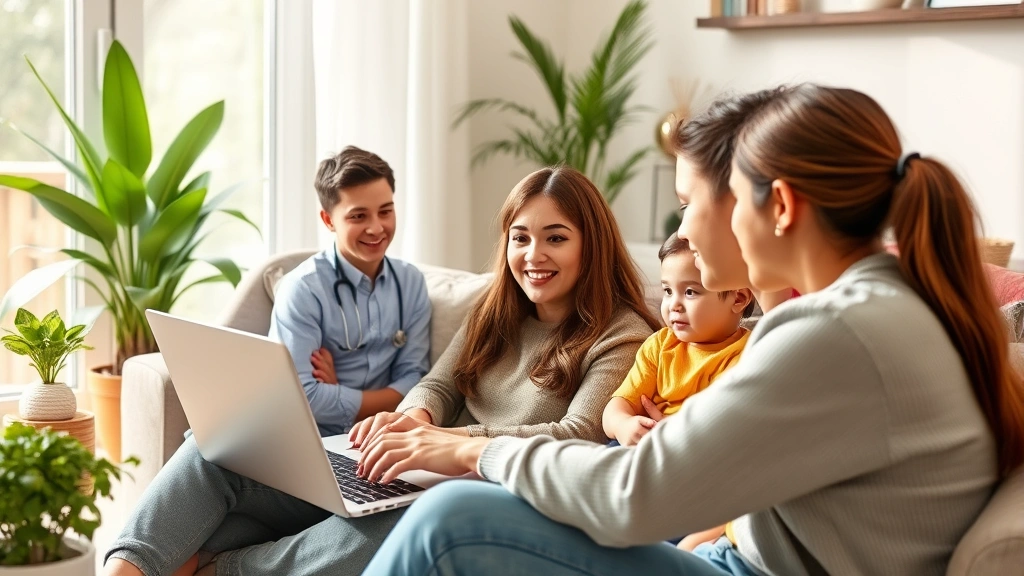 Family having virtual telehealth consultation on laptop with friendly healthcare provider visible on screen, cozy living room setting with plants and natural sunlight