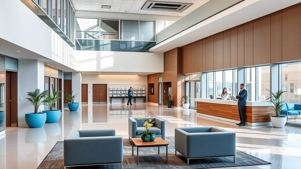 Modern hospital lobby with clean lines, natural lighting, comfortable seating areas, and welcoming reception desk with professional staff in scrubs and business attire