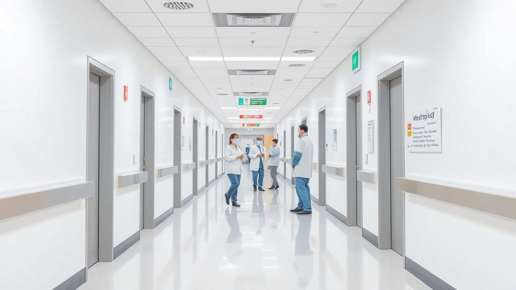 Modern hospital corridor with clean white walls, bright lighting, and welcoming atmosphere with professional healthcare staff visible in background