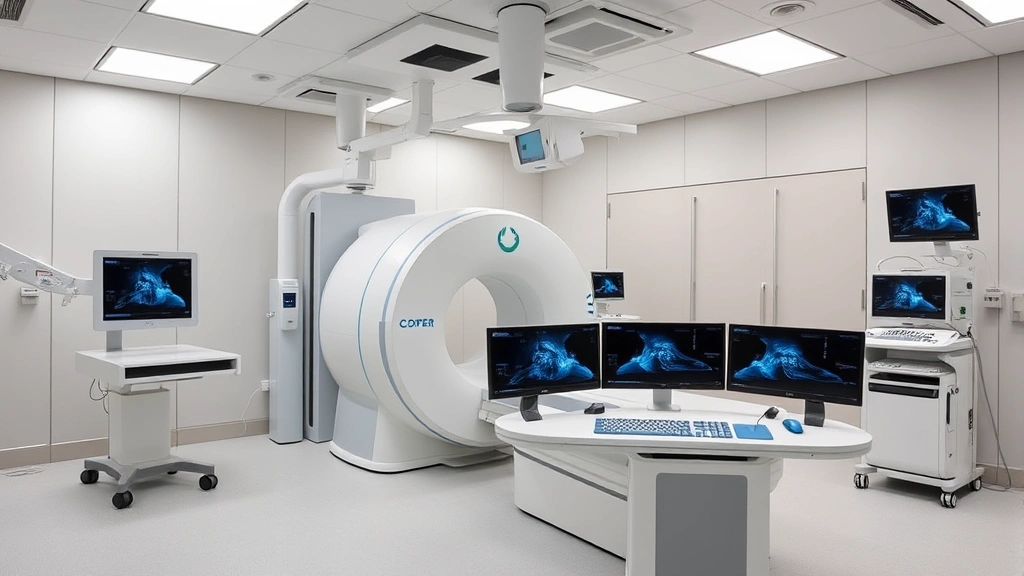 State-of-the-art medical imaging suite featuring advanced CT scanner equipment, sleek console displays, and clinical monitoring systems in sterile healthcare environment