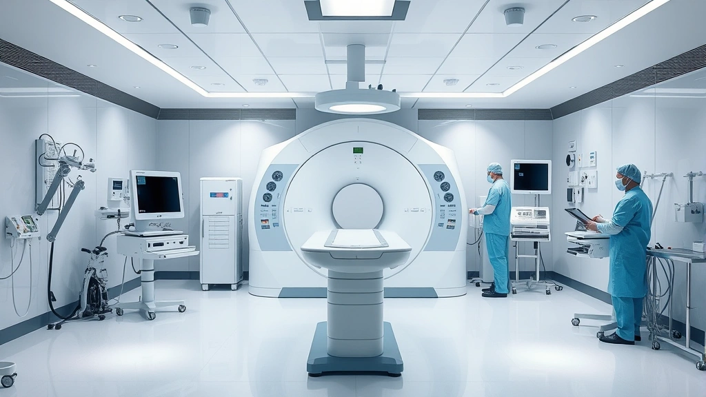Advanced medical imaging room with CT or MRI machine, modern equipment, sterile environment, healthcare professionals preparing equipment