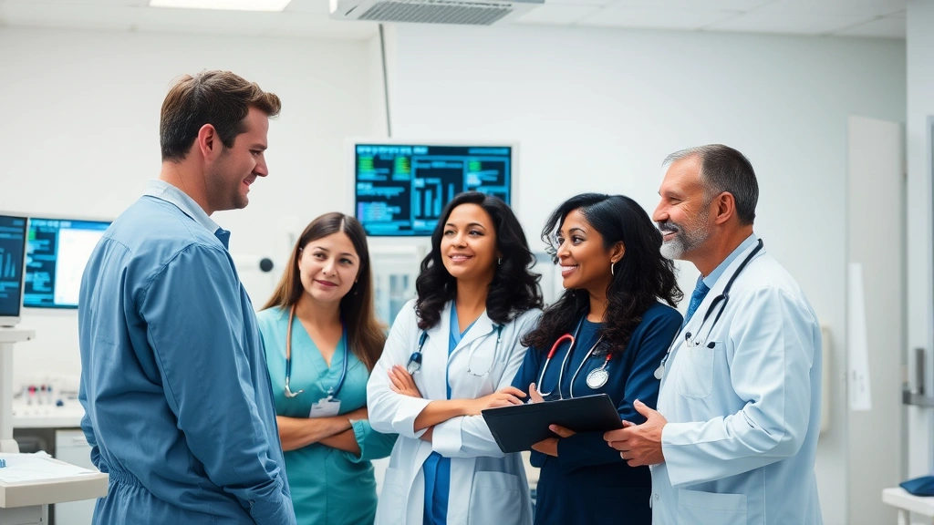 Diverse healthcare team in clinical setting reviewing patient data on monitors, collaborative atmosphere, professional medical environment
