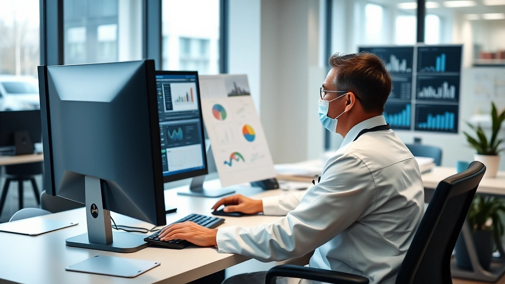 Healthcare professional at computer workstation in modern office, analyzing health data and charts, contemporary wellness workplace