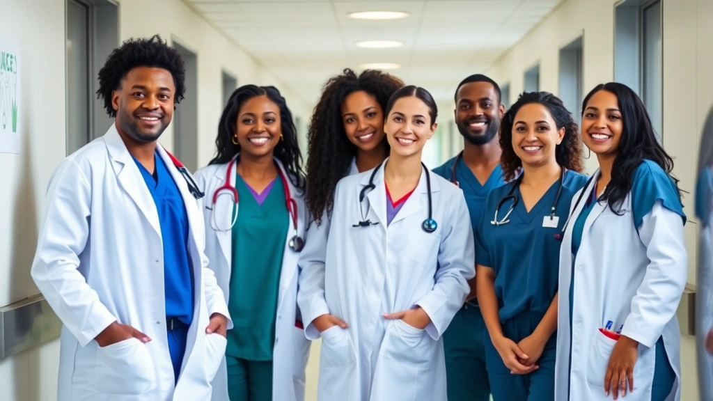 Professional diverse healthcare team in modern hospital corridor wearing scrubs and white coats, smiling and collaborating, bright natural lighting and contemporary medical facility background