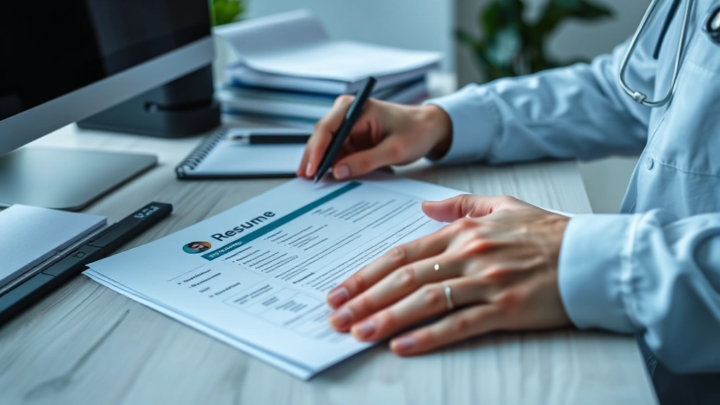 Close-up of hands reviewing medical documents and resume at professional desk, organized workspace with computer, healthcare career planning materials