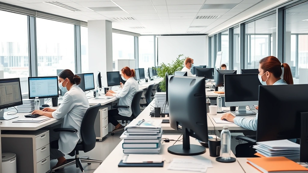 Modern hospital administrative office workspace with multiple professionals working at desks with computers, organized files, and healthcare documentation, natural daylight through windows