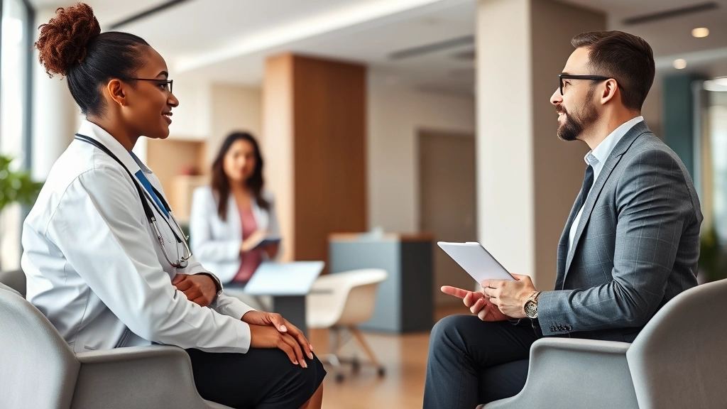 Diverse interview scene with healthcare professional and interviewer in modern office setting, professional attire, positive body language, modern interior design
