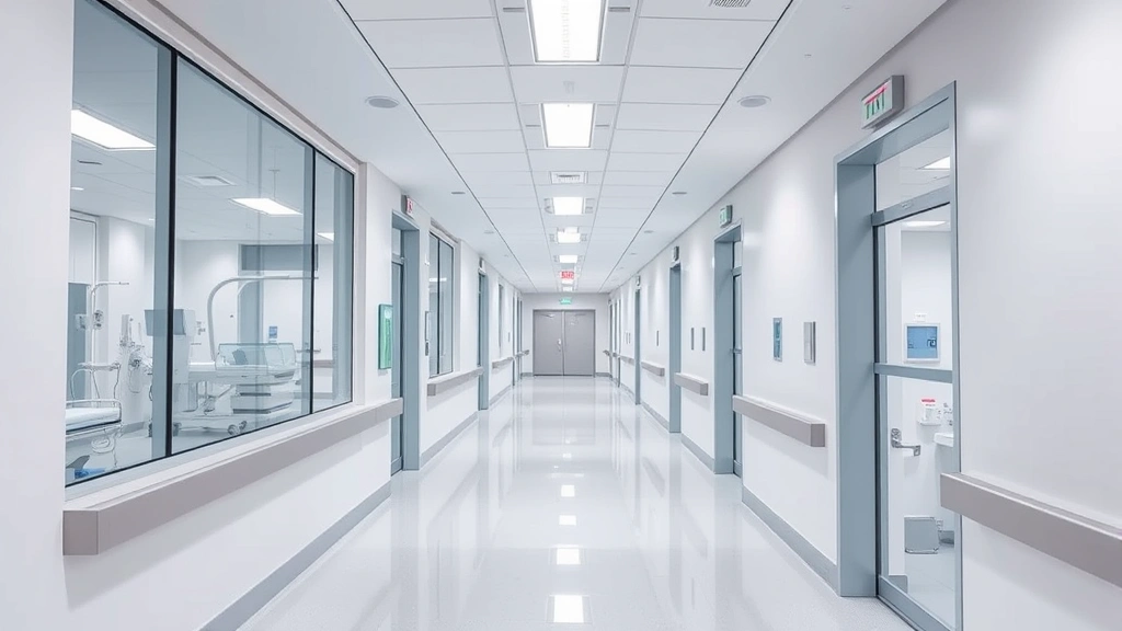 Modern hospital corridor with clean white walls, bright lighting, and contemporary medical equipment visible through glass windows, patient-focused healthcare environment