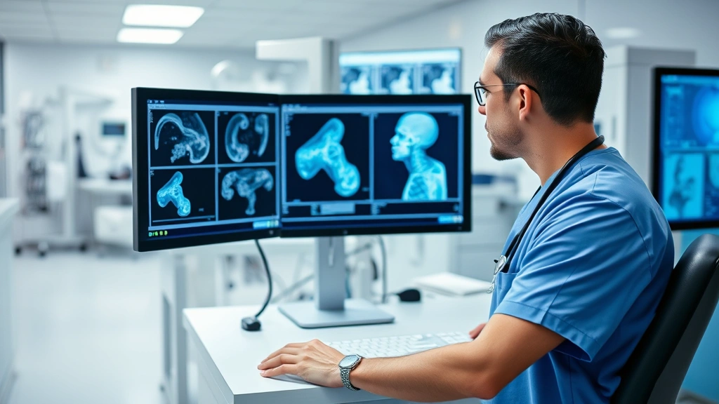 Medical professional in scrubs examining diagnostic imaging on a computer monitor in a modern hospital laboratory, advanced healthcare technology in action