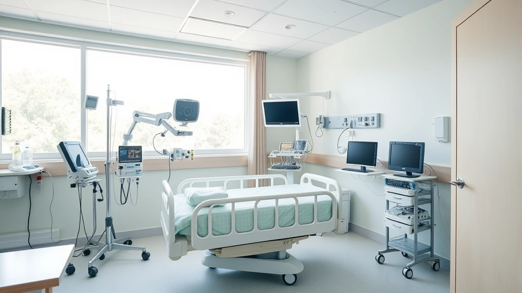 Hospital patient room with comfortable bed, modern medical monitoring equipment, natural window light, and welcoming healthcare environment