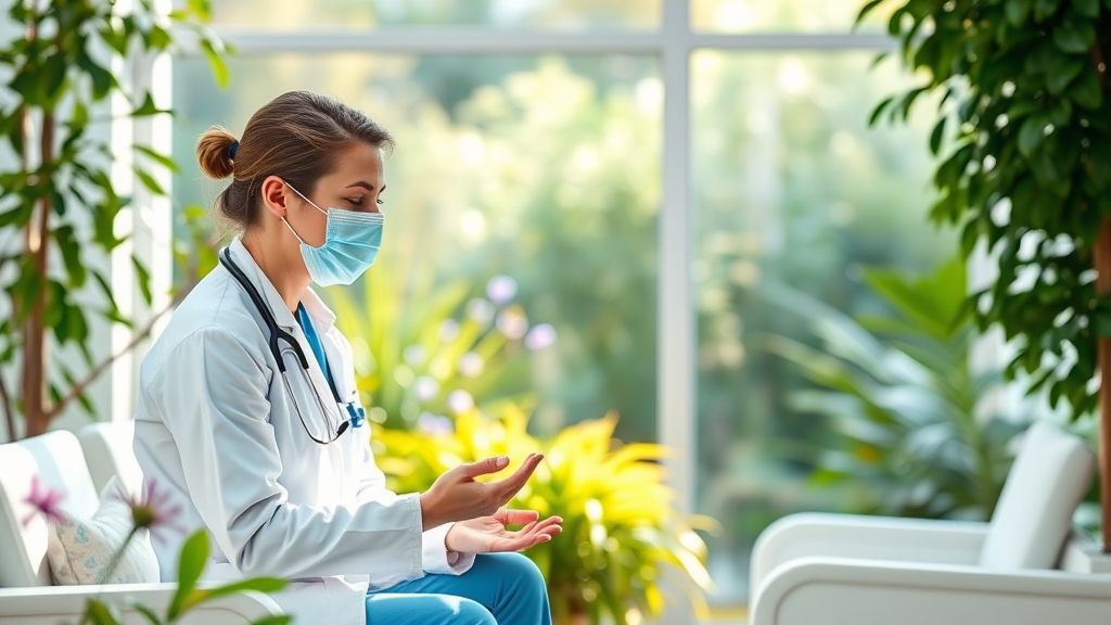 Peaceful medical professional taking a wellness break in bright hospital garden or break room, no text no words no letters