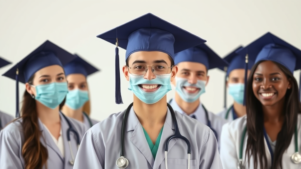 Healthcare professionals in graduation caps celebrating achievement and career advancement, no text no words no letters