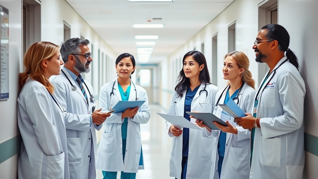 Professional healthcare team collaborating in modern hospital corridor, diverse medical professionals discussing patient care, natural lighting, focused expressions, contemporary medical environment