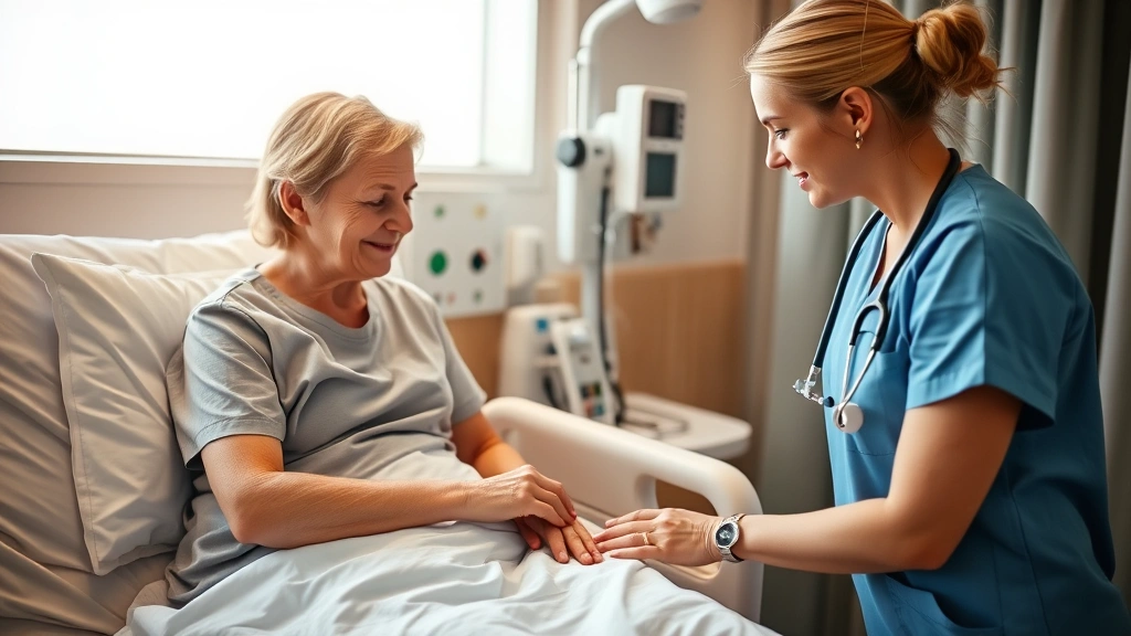 Nurse checking patient vitals in comfortable hospital room, caring interaction between healthcare provider and patient, warm lighting, compassionate moment, modern medical equipment visible