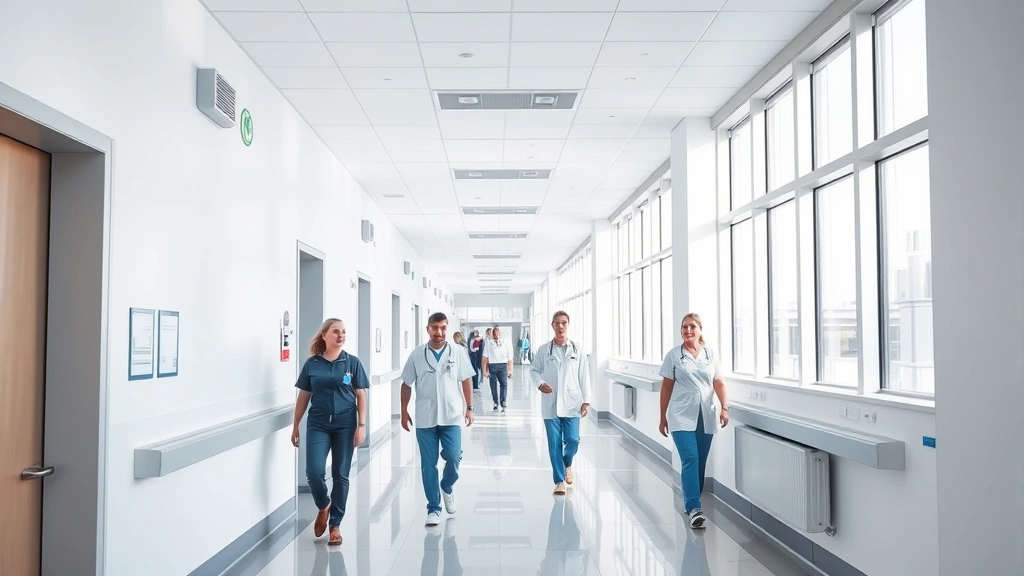 Modern hospital hallway with clean white walls, bright natural lighting from large windows, medical staff walking in professional uniforms, welcoming and calm atmosphere