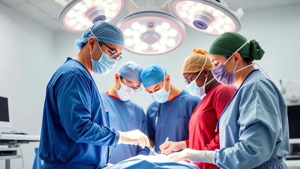 Diverse medical team in surgical attire performing procedure in operating room with advanced technology and bright overhead lights, focused and professional