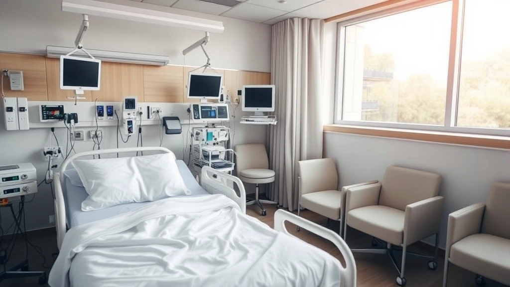 Hospital patient room with comfortable bed, medical monitoring equipment, natural window view, welcoming furniture for visitors, modern and clean aesthetic
