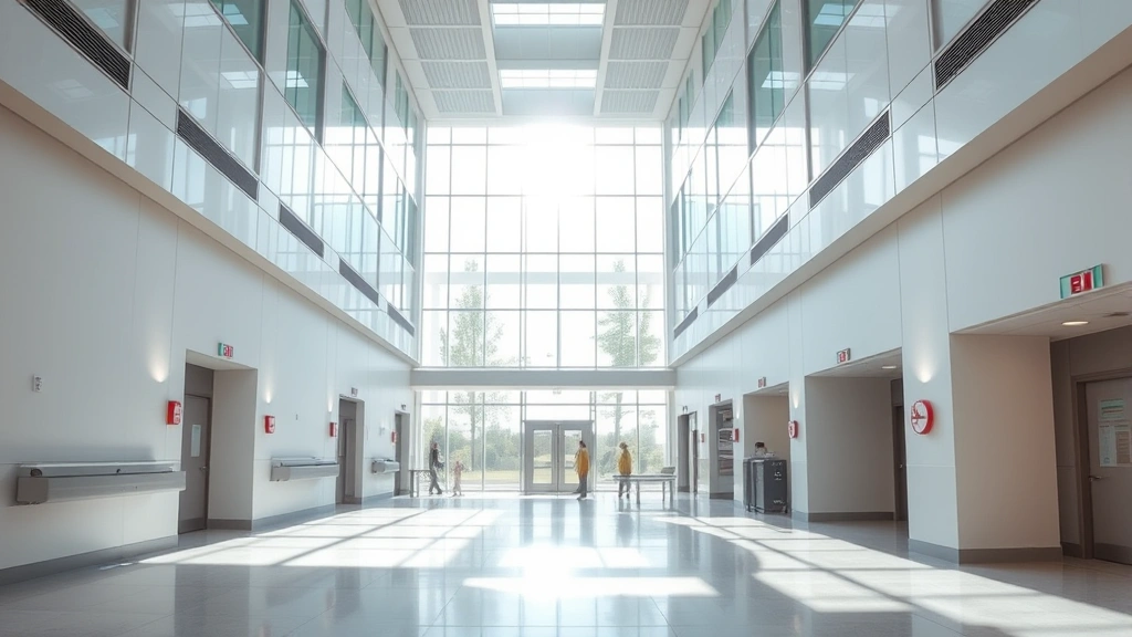 Modern hospital atrium with natural light streaming through large windows, contemporary medical architecture, clean minimalist interior design, healthcare facility hallway
