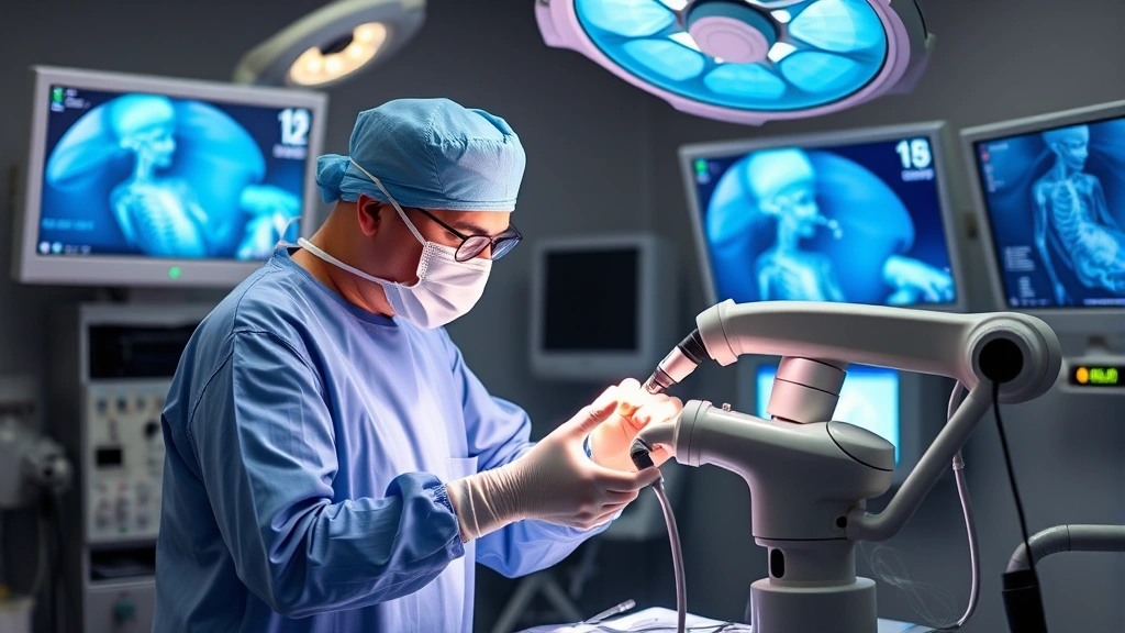 Surgeon performing minimally invasive procedure with robotic-assisted surgical equipment, operating room with advanced monitors and technology, focused medical team