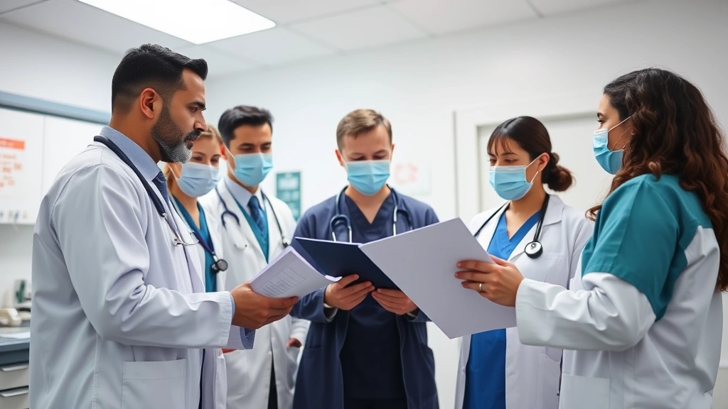 Diverse medical professionals collaborating in a clinical setting, physicians and nurses reviewing patient charts together, collaborative healthcare environment