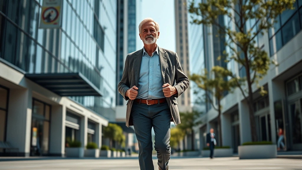 Active senior man walking confidently through urban environment with professional buildings, strong posture, energetic movement, natural daylight